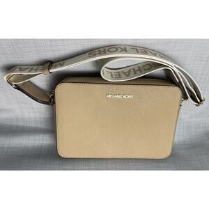 Michael Kors Camel Jet Set Large East West Crossbody With Web Logo Strap